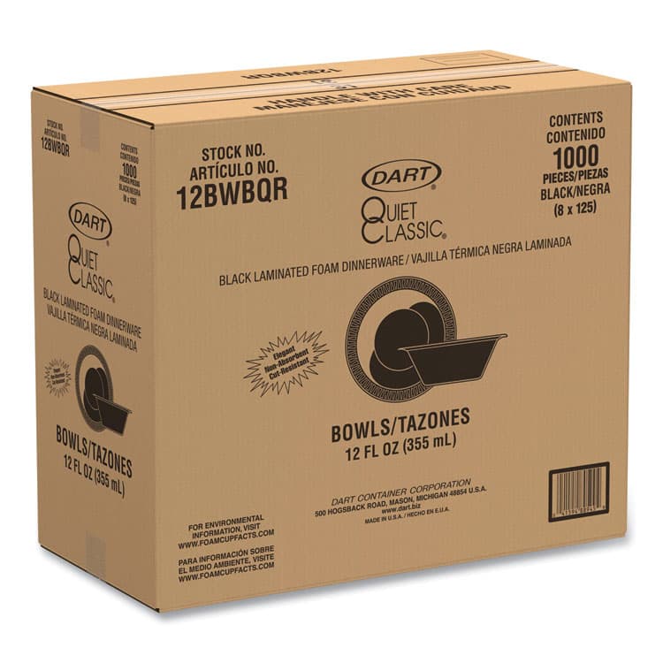DART Quiet Classic Laminated Foam Dinnerware, Bowl, 12 oz, Black, 1,000/Carton (DCC12BWBQR) thumbnail 2