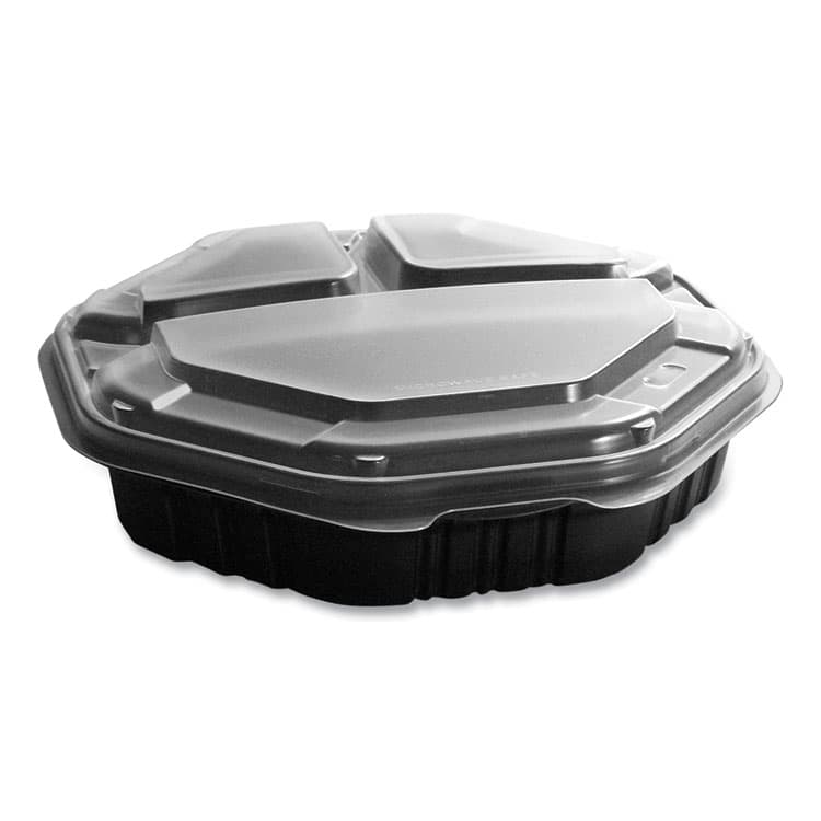 DART OctaView Hinged-Lid Hot Food Containers, 3 Compartments, 38 oz, 9.55 x 9.1 x 2.4, Black/Clear, Plastic, 100/Carton (SCC809014PP94)