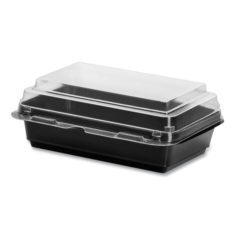 DART Creative Carryouts Hinged Plastic Hot Deli Boxes, 28 oz, 7.87 x 5.4 x 3, Black/Clear, 200/Carton (SCC846622PS94)