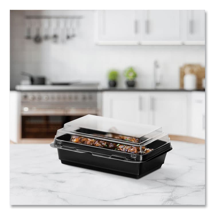 DART Creative Carryouts Hinged Plastic Hot Deli Boxes, 28 oz, 7.87 x 5.4 x 3, Black/Clear, 200/Carton (SCC846622PS94) thumbnail 3