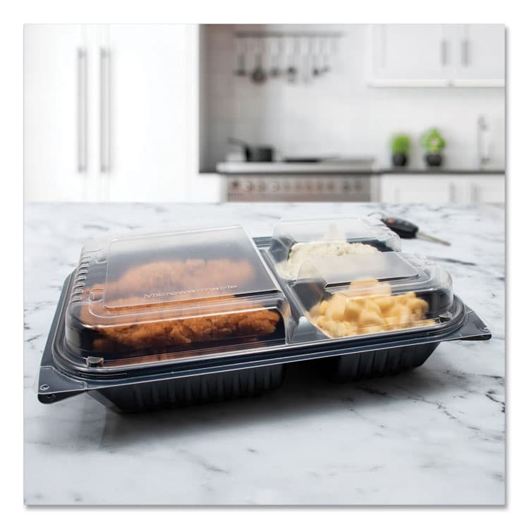 DART Hinged-Lid Dinner Box, 3 Compartments, 32 oz, 11.5 x 8.1 x 3, Black/Clear, Plastic, 100/Carton (SCC919019PM94) thumbnail 4