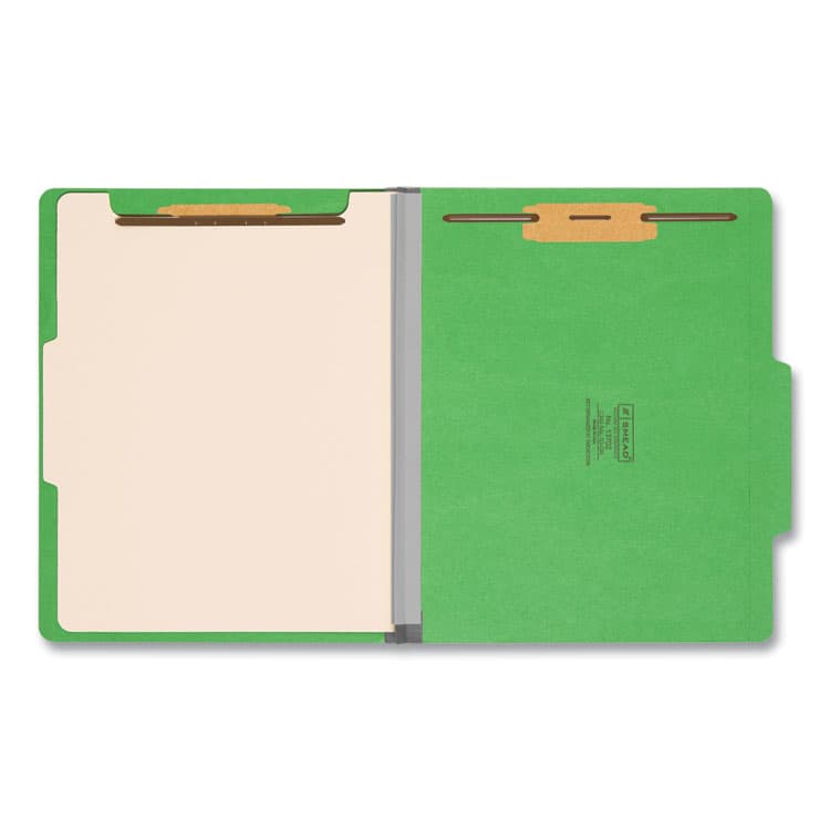 SMEAD MANUFACTURING CO. Colored Top Tab Classification Folders, 2/5-Cut Tab, Expands 2", 1 Divider, 4 SafeSHIELD Fasteners, Letter Size, Green, 10/BX (SMD13702) thumbnail 2