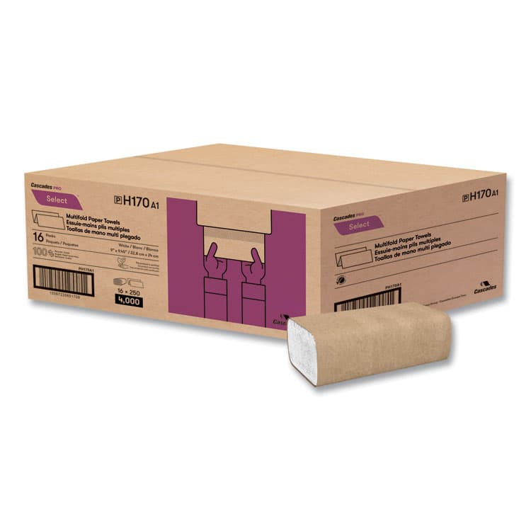 CASCADES TISSUE GROUP Select Folded Paper Towels, Multifold, 1-Ply, 9.13 x 9.5, White, 250/Pack, 16 Packs/Carton (CSDH170)