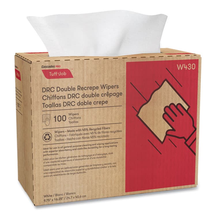 CASCADES TISSUE GROUP Tuff-Job Double Recrepe Wipers, 9.75 x 16.5, White, 100/Box, 8 Box/Carton (CSDW430) thumbnail 2