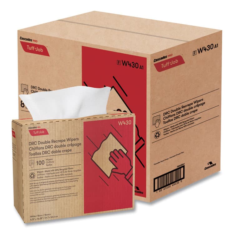 CASCADES TISSUE GROUP Tuff-Job Double Recrepe Wipers, 9.75 x 16.5, White, 100/Box, 8 Box/Carton (CSDW430)