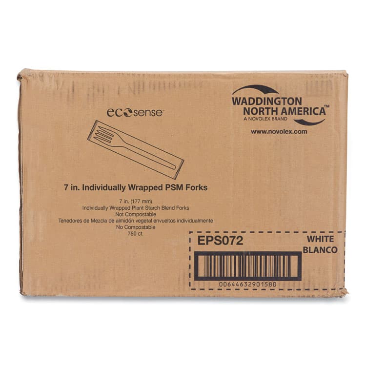 ECO-PRODUCTS,INC. EcoSense Renewable Plant Starch Cutlery, Individually Wrapped, Mediumweight Fork, Plastic, Natural, 750/Carton (WNAEPS072)