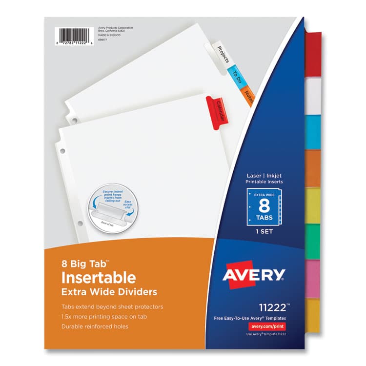 AVERY PRODUCTS CORPORATION Insertable Big Tab Dividers, 8-Tab, 11.13 x 9.25, White, Assorted Tabs, 1 Set (AVE11222)