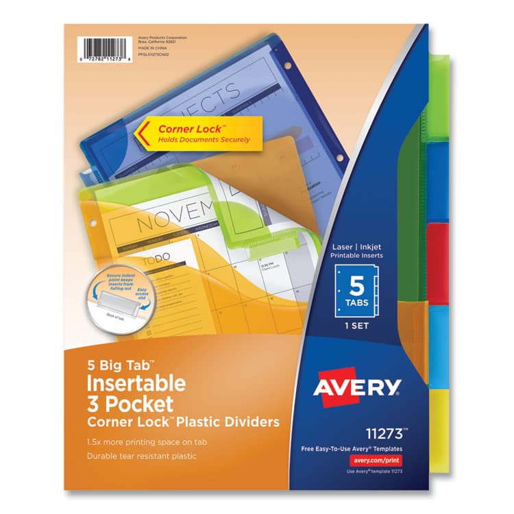 AVERY PRODUCTS CORPORATION Insertable Big Tab Plastic Three-Pocket Corner Lock Dividers, 5-Tab, 11.13 x 9.25, Assorted, 1 Set (AVE11273)