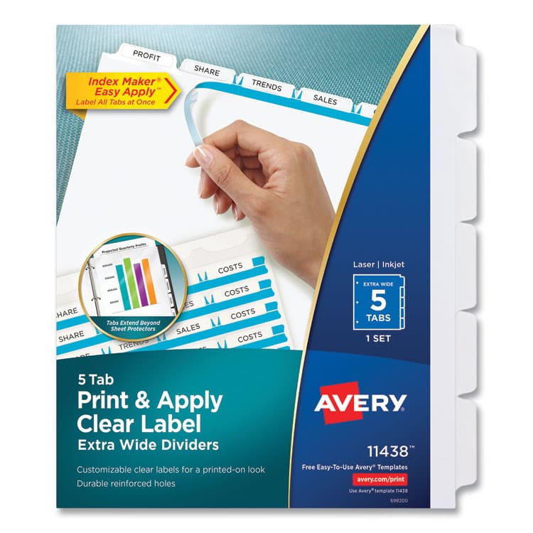 AVERY PRODUCTS CORPORATION Print and Apply Index Maker Clear Label Dividers, Extra Wide Tab, 5-Tab, White Tabs, 11.25 x 9.25, White, 1 Set (AVE11438) thumbnail 4