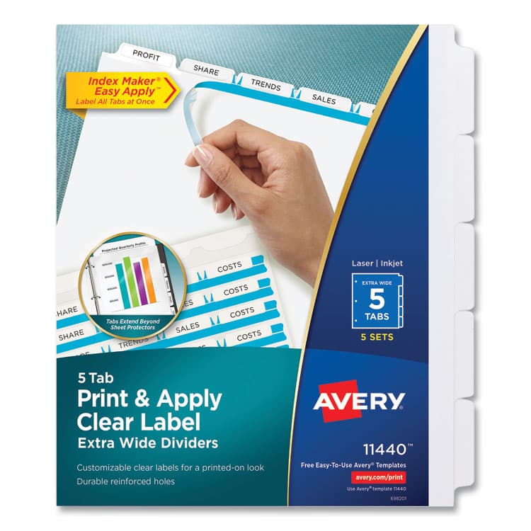 AVERY PRODUCTS CORPORATION Print and Apply Index Maker Clear Label Dividers, Extra Wide Tab, 5-Tab, White Tabs, 11.25 x 9.25, White, 5 Sets (AVE11440)