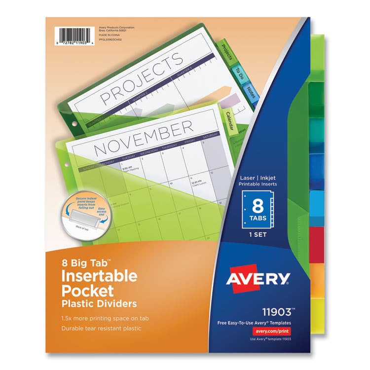 AVERY PRODUCTS CORPORATION Insertable Big Tab Plastic 1-Pocket Dividers, 8-Tab, 11.13 x 9.25, Assorted, 1 Set (AVE11903)