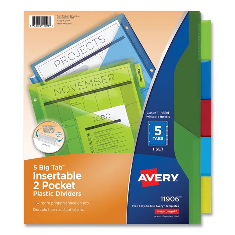 AVERY PRODUCTS CORPORATION Insertable Big Tab Plastic 2-Pocket Dividers, 5-Tab, 11.13 x 9.25, Assorted, 1 Set (AVE11906)