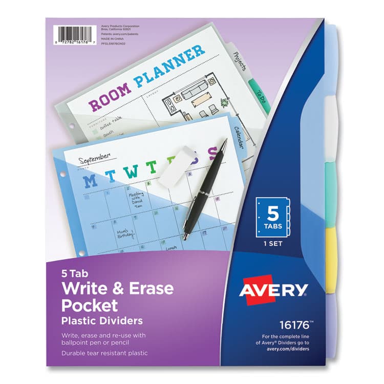 AVERY PRODUCTS CORPORATION Write and Erase Durable Plastic Dividers with Slash Pocket, 3-Hold Punched, 5-Tab, 11.13 x 9.25, Assorted, 1 Set (AVE16176)