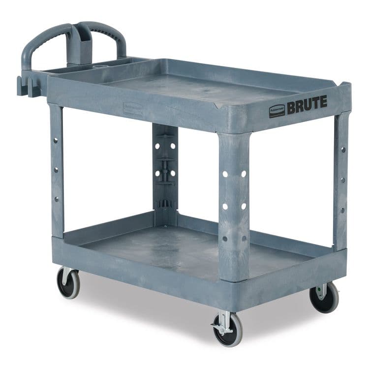 RUBBERMAID COMMERCIAL PROD. BRUTE Heavy-Duty Ergo Handle Utility Cart, Plastic, Two Shelves, 500 lb Capacity, 25.5" x 44" x 39", Gray (RCP2192464)