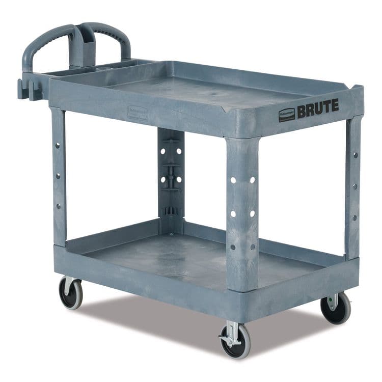 RUBBERMAID COMMERCIAL PROD. BRUTE Heavy-Duty Ergo Handle Utility Cart, Plastic, 2 Shelves, 750 lb Capacity, 26" x 55" x 33.25", Gray (RCP2192463)