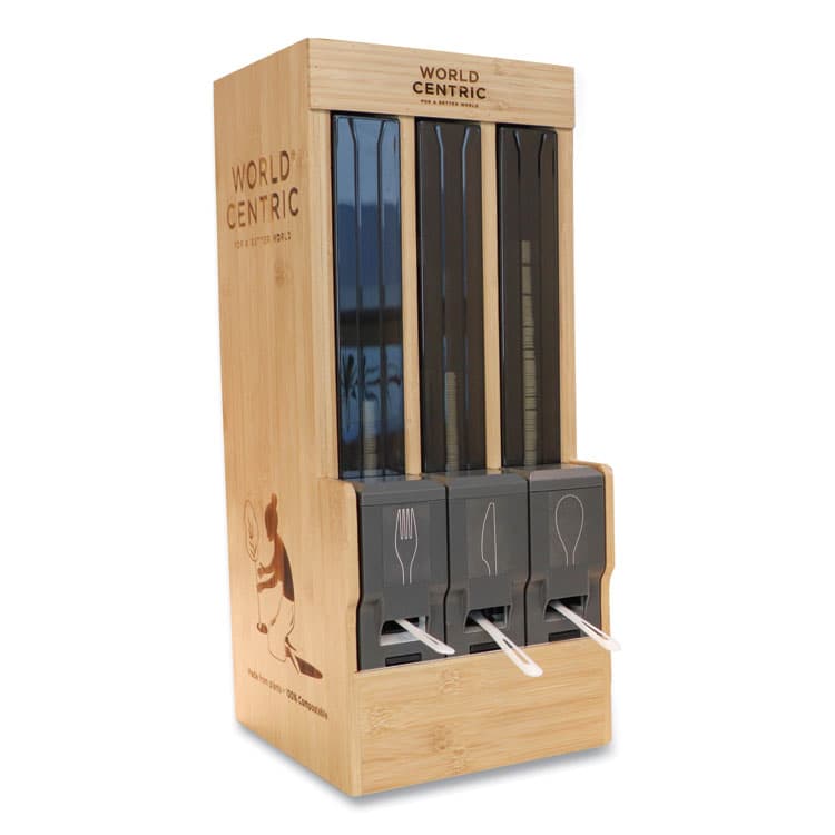 WORLD CENTRIC Cutlery Dispenser, Holds Forks/Knives/Spoons, 10.2 x 8.5 x 21.1, Natural (WORDPBAFKS)