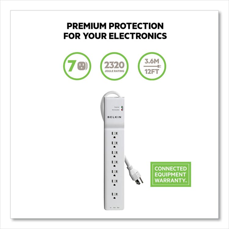 BELKIN COMPONENTS Home/Office Surge Protector, 7 AC Outlets, 12 ft Cord, 2,160 J, White (BLKBE10720012) thumbnail 2