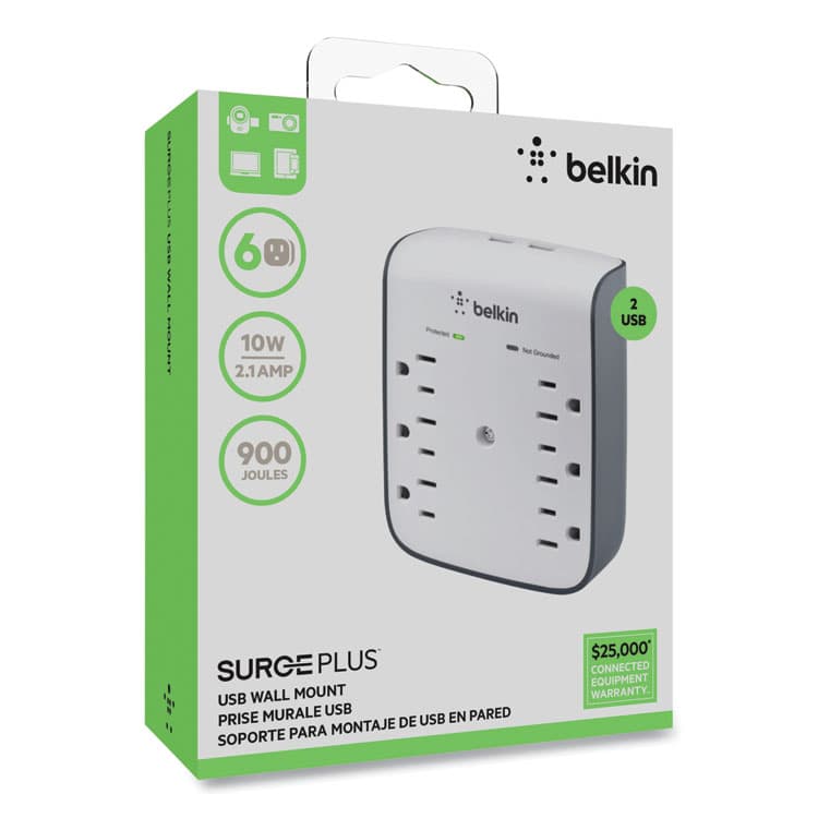 BELKIN COMPONENTS SurgePlus USB Wall Mount Charger, 6 AC Outlets/2 USB Ports, 900 J, White/Black (BLKBSV602TT) thumbnail 2