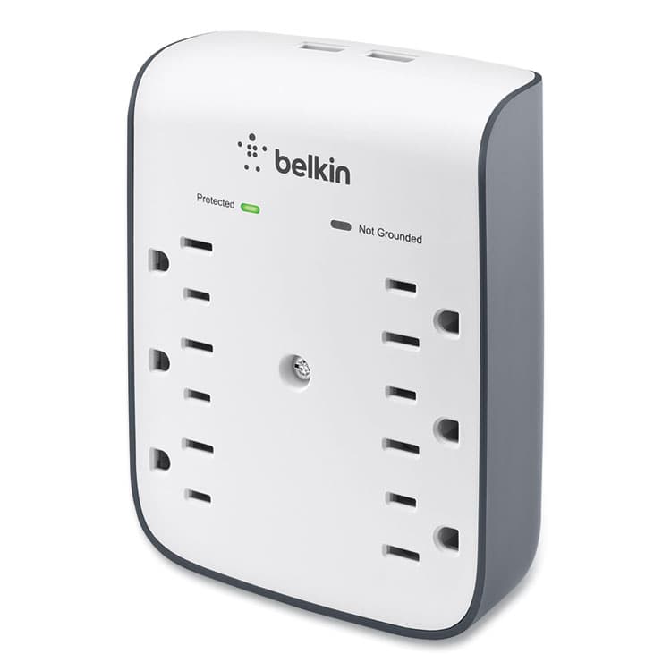 BELKIN COMPONENTS SurgePlus USB Wall Mount Charger, 6 AC Outlets/2 USB Ports, 900 J, White/Black (BLKBSV602TT)
