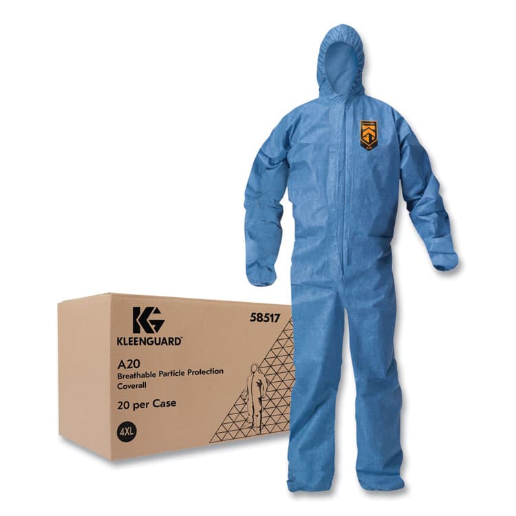 KIMBERLY-CLARK PROFESSIONAL A20 Breathable Particle Protection Coveralls, Zip Front, Hood, Elastic Back, Wrists, Ankles, 4X-Large, Blue, 20/Carton (ANS58517)