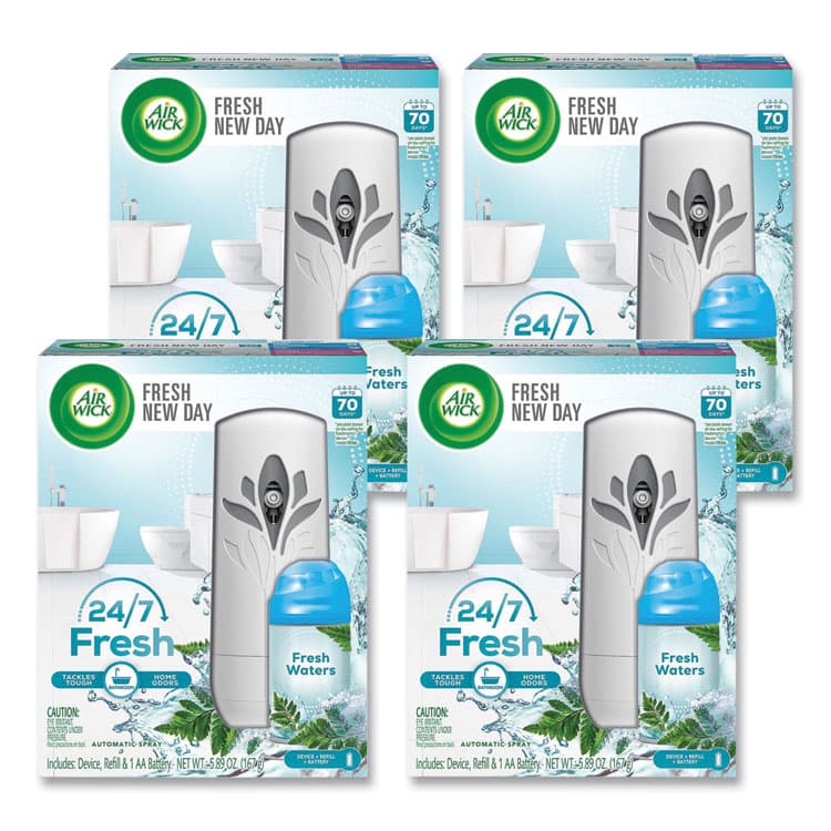 RECKITT BENCKISER Freshmatic Life Scents Starter Kit, 5.89 oz Fresh Waters Refill/AA Battery, 4 Kits/Carton (RAC88413)