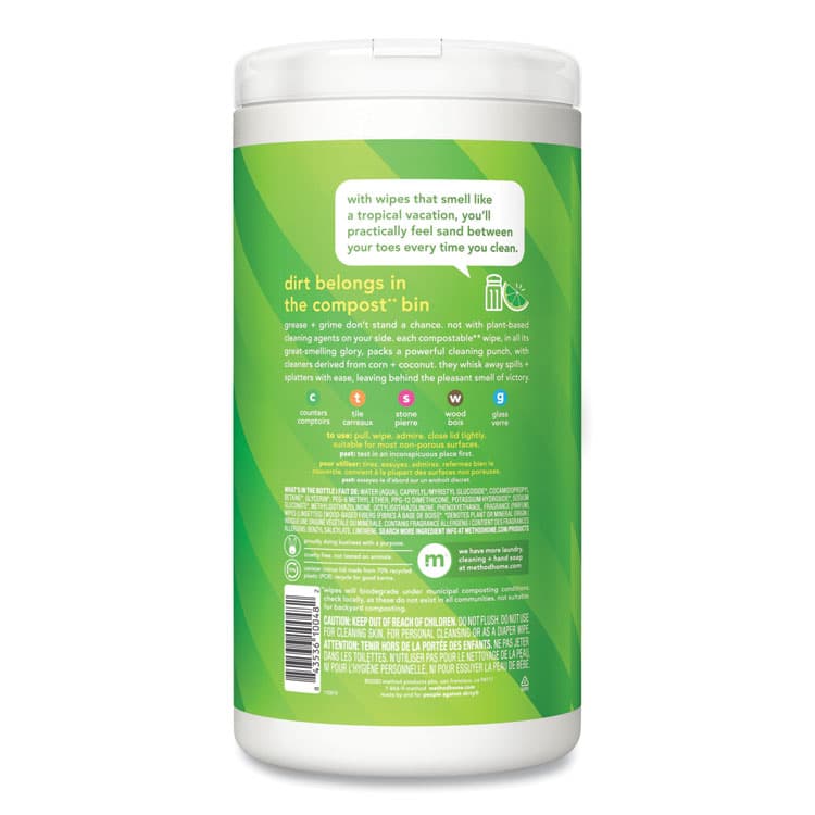 METHOD PRODUCTS . All Purpose Cleaning Wipes, 1 Ply, Lime and Sea Salt, White, 70/Canister, 6/Carton (MTH338525) thumbnail 2