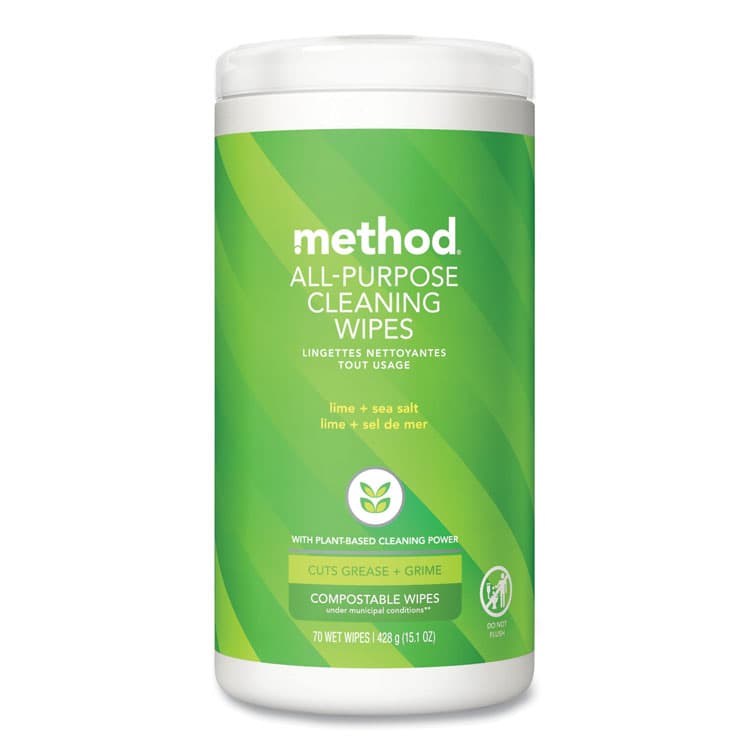 METHOD PRODUCTS . All Purpose Cleaning Wipes, 1 Ply, Lime and Sea Salt, White, 70/Canister, 6/Carton (MTH338525)