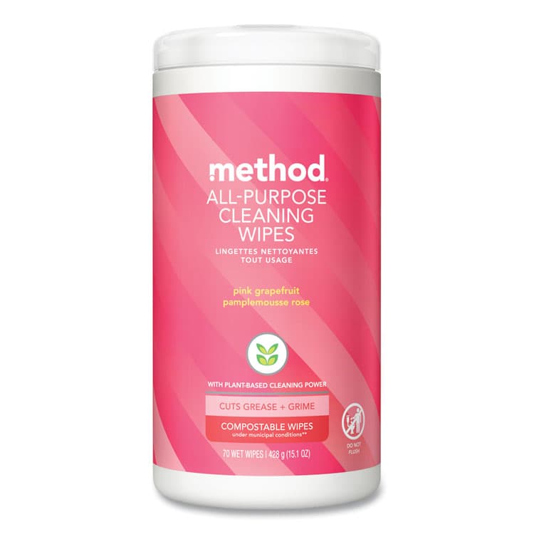 METHOD PRODUCTS . All Purpose Cleaning Wipes, 1 Ply, Pink Grapefruit, White, 70/Canister, 6/Carton (MTH338527)