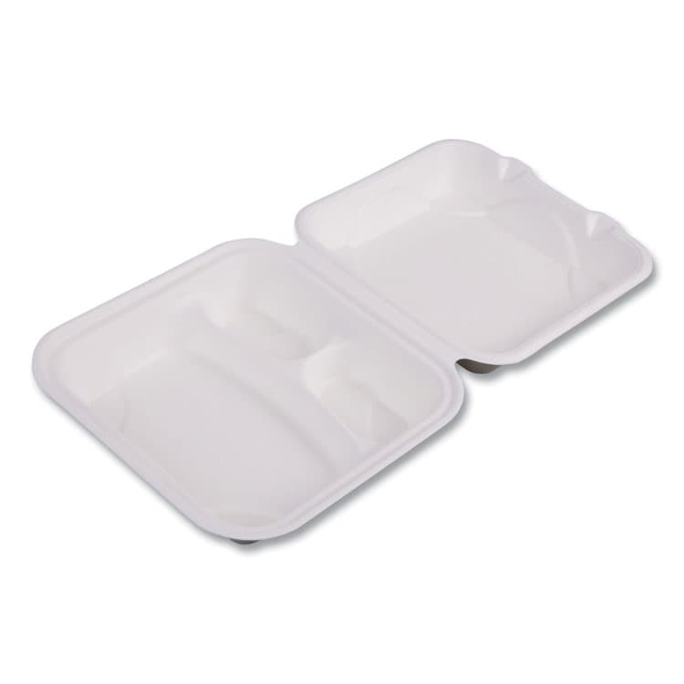 ECO-PRODUCTS,INC. Vanguard Renewable and Compostable Sugarcane Clamshells, 3 Compartments, 8 x 8 x 3, White, 200/Carton (ECOEPHC83NFA)