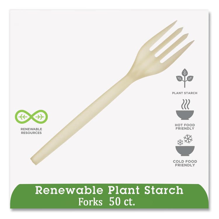 ECO-PRODUCTS,INC. EcoSense Renewable Plant Starch Cutlery, Fork, Plastic, Cream, 50/Pack (WNAEPS002PK) thumbnail 3
