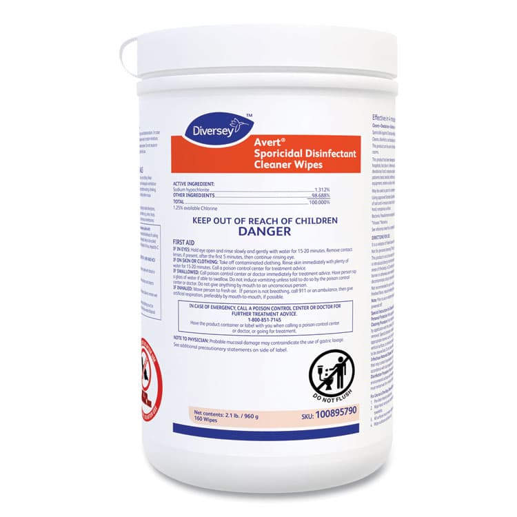 DIVERSEY Avert Sporicidal Disinfectant Cleaner Wipes, 6 x 7, Chlorine Scent, 160/Canister, 12/Carton (DVO100895790)