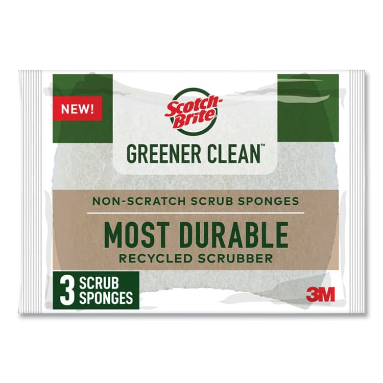 3M/COMMERCIAL TAPE DIV. Greener Clean Non-Scratch Scrub Sponge, 2.6 x 3.3, 0.7" Thick, White, 3/Pack (MMM97033UG)