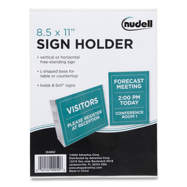 NU-DELL MANUFACTURING Clear Plastic Slanted L-Shaped Countertop Sign Holder, Side-Load, Horizontal/Vertical Orientation, 8.5 x 11 Insert (NUD35485Z)