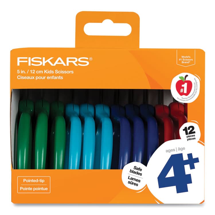 FISKARS MANUFACTURING CORP Kids Scissors Classpack, Pointed Tip, 5" Long, 1.75" Cut-Length, Straight Assorted Color Handles, 12/Pack (FSK1067002)