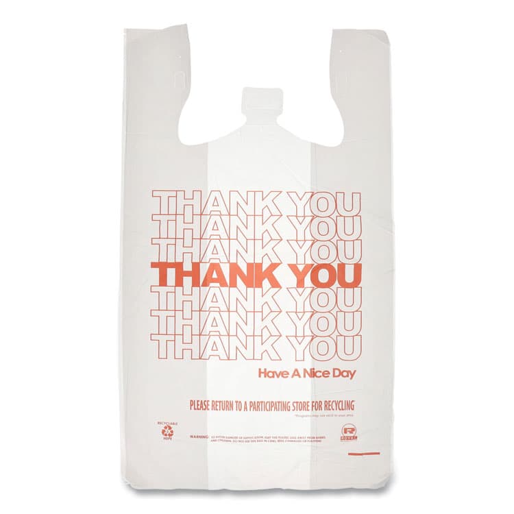 AMERCAREROYAL Thank You Bags, Thank You - Have a Nice Day Labeling, Cut-Out Handles, 13" x 8" x 23", White/Red, 1,000/Carton (RPPRPTYB6FS)