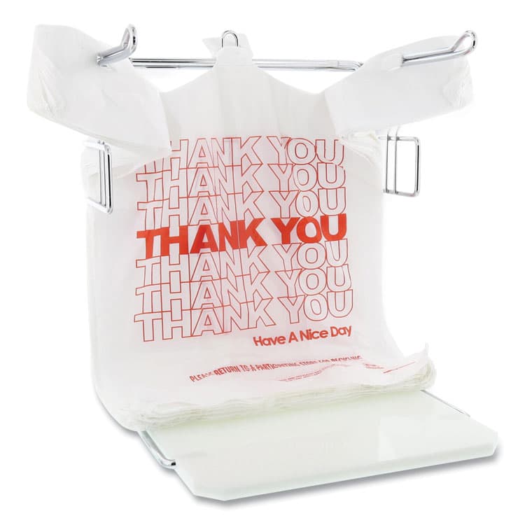 AMERCAREROYAL Thank You Bags, Thank You - Have a Nice Day Labeling, Cut-Out Handles, 13" x 8" x 23", White/Red, 1,000/Carton (RPPRPTYB6FS) thumbnail 2