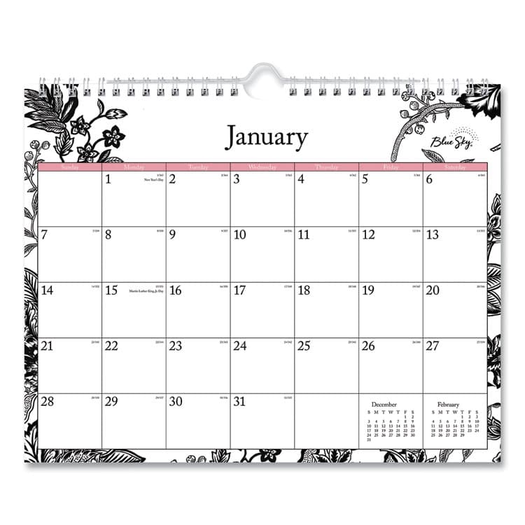 BLUE SKY Analeis Wall Calendar, Floral Artwork, 11 x 8.75, White/Black/Coral Sheets, 12-Month (Jan to Dec): 2026 (BLS100028)