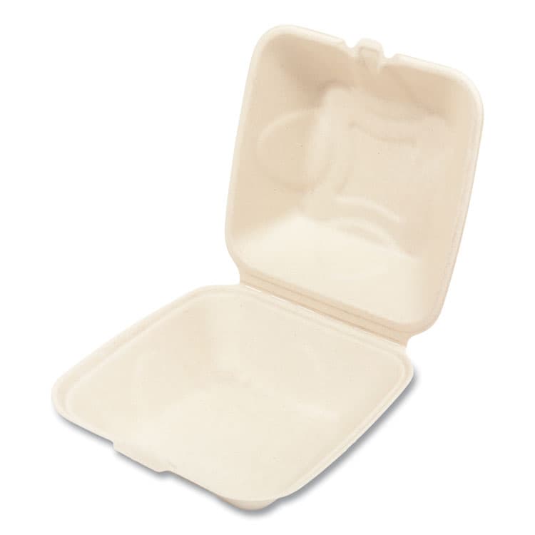 BOARDWALK Bagasse PFAS-Free Food Containers, 6 x 6 x 3.19, Tan, Sugarcane, 500/Carton (BWKHINGE66NPFA) thumbnail 2