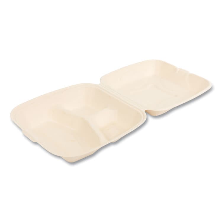 BOARDWALK Bagasse PFAS-Free Food Containers, 3 Compartments, 9 x 3.19 x 9, Tan, Sugarcane, 200/Carton (BWKHNGE3C9NPFA) thumbnail 2