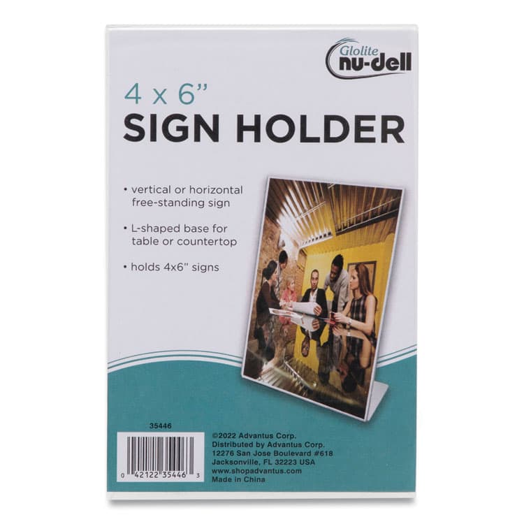 NU-DELL MANUFACTURING Clear Plastic Slanted L-Shaped Countertop Sign Holder, Side-Load, Horizontal/Vertical Orientation, 4 x 6 Insert (NUD35446)