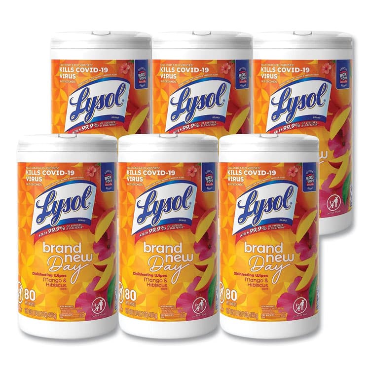 RECKITT BENCKISER Disinfecting Wipes, 1-Ply, 7 x 7.25, Mango and Hibiscus, White, 80 Wipes/Canister, 6 Canisters/Carton (RAC97181)