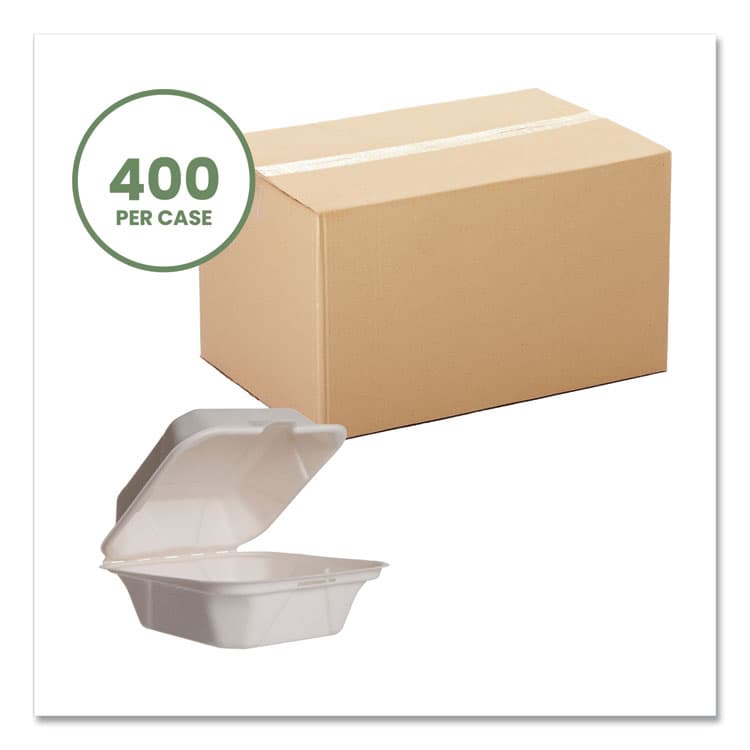VEGWARE White Molded Fiber Clamshell Containers, Compostable, 5.9 x 5.9 x 2.9, White, Sugarcane, 400/Carton (VEGWHBRG6HW) thumbnail 2