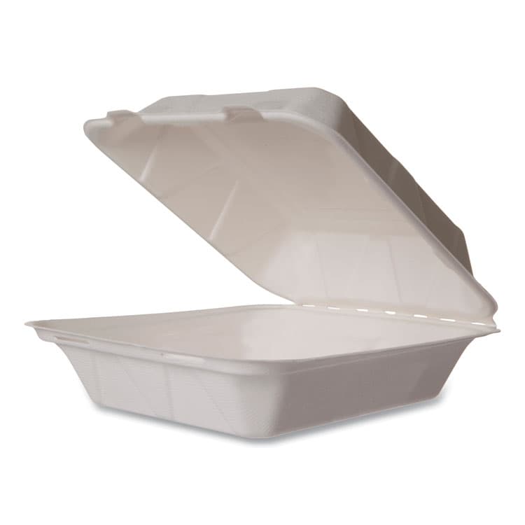 VEGWARE White Molded Fiber Clamshell Container, Compostable, 7.9 x 7.9 x 2.9, White, Sugarcane, 200/Carton (VEGWHBRG8HW)