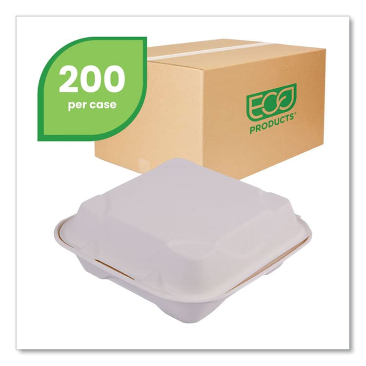 ECO-PRODUCTS,INC. Vanguard Renewable and Compostable Sugarcane Clamshells, 8 x 8 x 3, White, 200/Carton (ECOEPHC81NFA) thumbnail 2