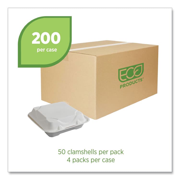 ECO-PRODUCTS,INC. Vanguard Renewable and Compostable Sugarcane Clamshells, 9 x 9 x 3, White, 200/Carton (ECOEPHC91NFA) thumbnail 2