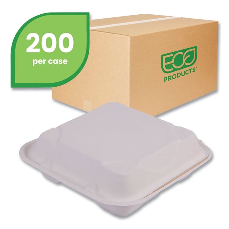 ECO-PRODUCTS,INC. Vanguard Renewable and Compostable Sugarcane Clamshells, 3 Compartments, 9 x 9 x 3, White, 200/Carton (ECOEPHC93NFA) thumbnail 2
