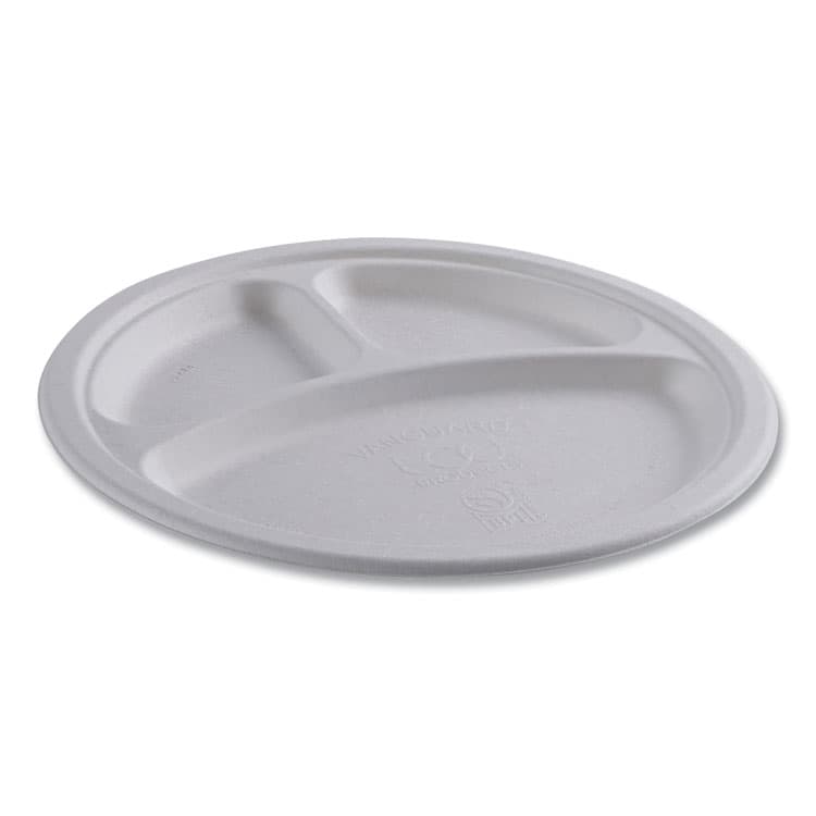 ECO-PRODUCTS,INC. Vanguard Renewable and Compostable Sugarcane Plates, 3-Compartment Plate, 10" dia, White, 500/Carton (ECOEPP007NFA) thumbnail 3