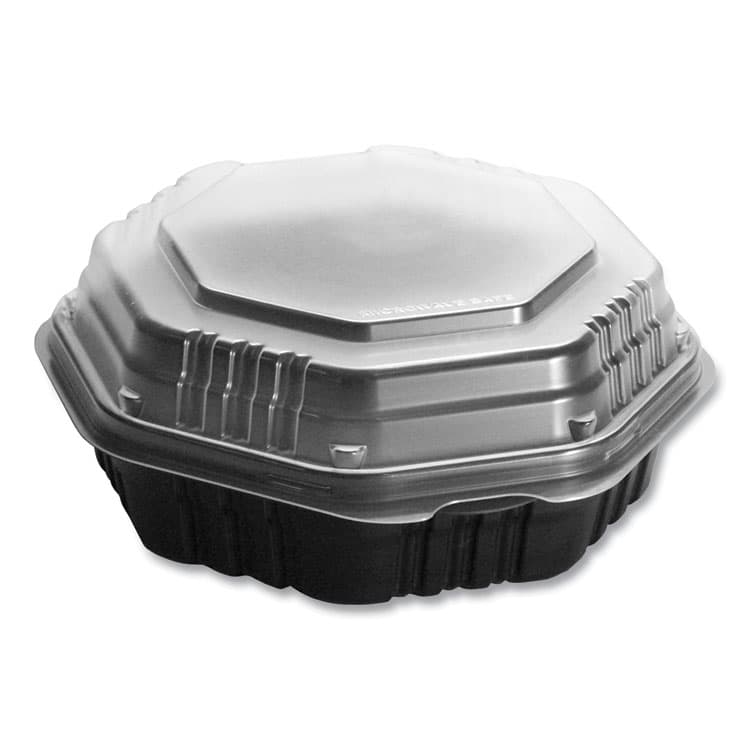 DART OctaView Hinged-Lid Hot Food Containers, 7.47 x 7.94 x 3.11, Black/Clear, Plastic, 100/Carton (SCC807011PP94)
