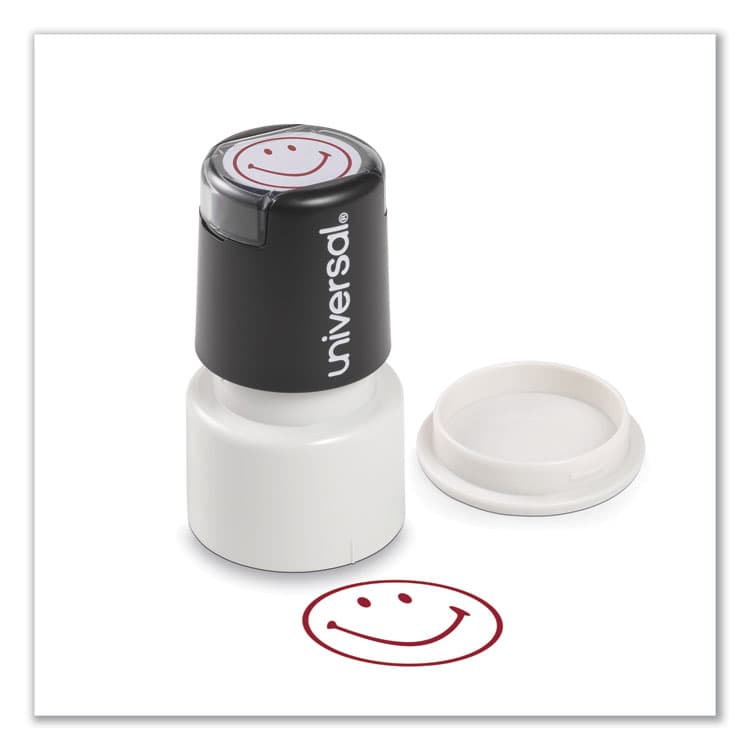 UNIVERSAL OFFICE PRODUCTS Round Message Stamp, SMILEY FACE, Pre-Inked/Re-Inkable, Red (UNV10080)