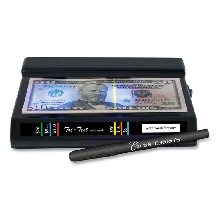 DRI-MARK PRODUCTS Tri Test Counterfeit Bill Detector for USD and Most International Currencies, 3 Detection Methods, 7" x 4" x 2.5", Black (DRI351TRI)